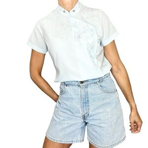 Vintage pale blue sheer cheongsam mandarin collar embroidered short sleeve top